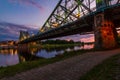 Low angle shot of the famous Ã¢â¬ÅBlue WonderÃ¢â¬Â bridge in Dresden by night Royalty Free Stock Photo